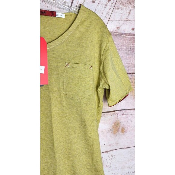 Vassari Los Angeles Mustard Yellow V-Neck Designer Shirt Small – Stylish Cut Hem - Picture 9 of 12